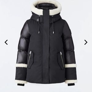 NWT Mackage black CYRAH Arctic Twill down jacket with ivory shearling trim